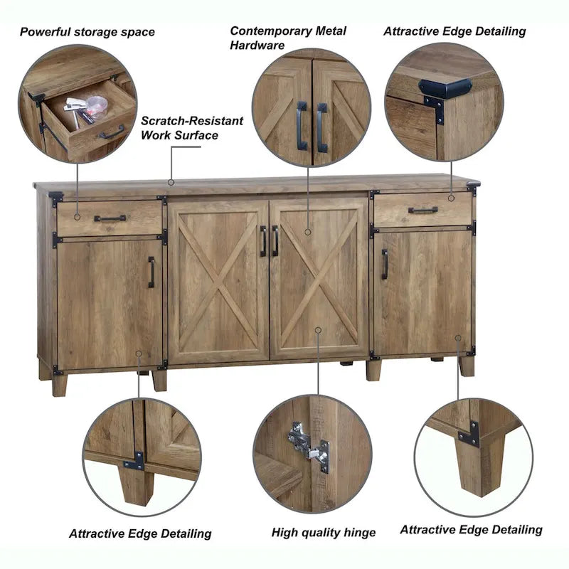 Farmhouse Rustic Oak Four-Door Credenza File Cabinet - 64.7"W x 15.8"D x 29.7"H