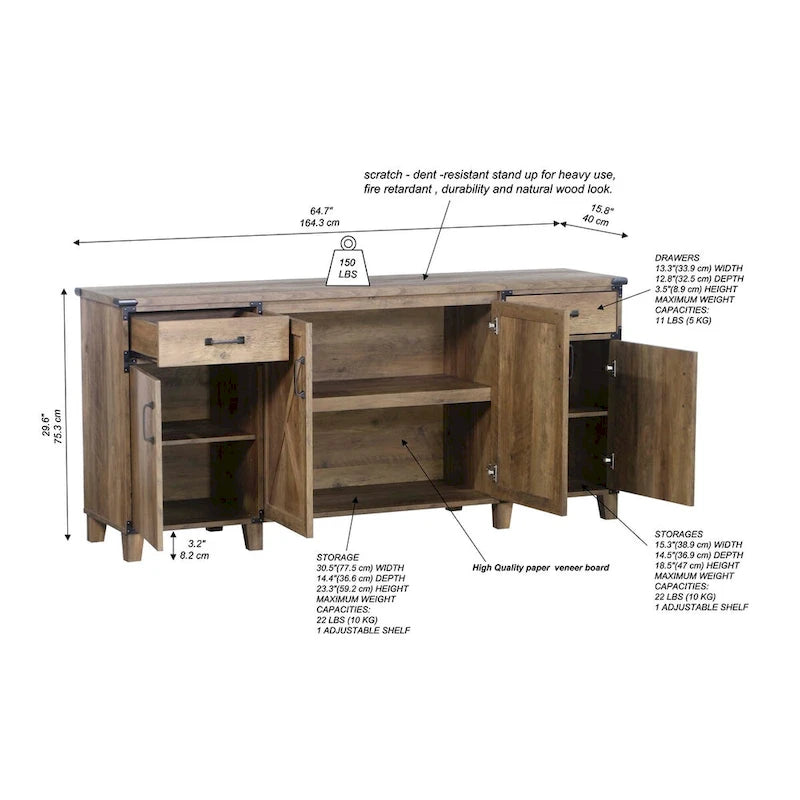 Farmhouse Rustic Oak Four-Door Credenza File Cabinet - 64.7"W x 15.8"D x 29.7"H