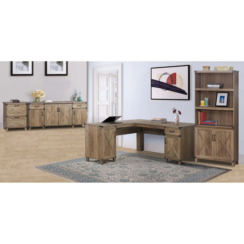Farmhouse Rustic Oak Four-Door Credenza File Cabinet - 64.7"W x 15.8"D x 29.7"H