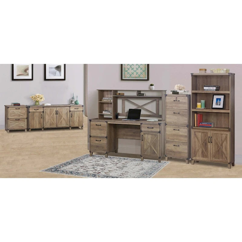 Farmhouse Rustic Oak Four-Door Credenza File Cabinet - 64.7"W x 15.8"D x 29.7"H