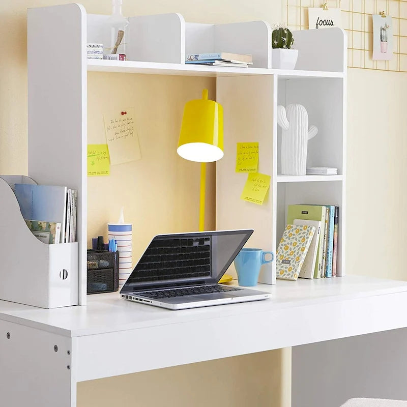White Desk Hutch Bookshelf with Monitor Opening – Dorm & Office Storage