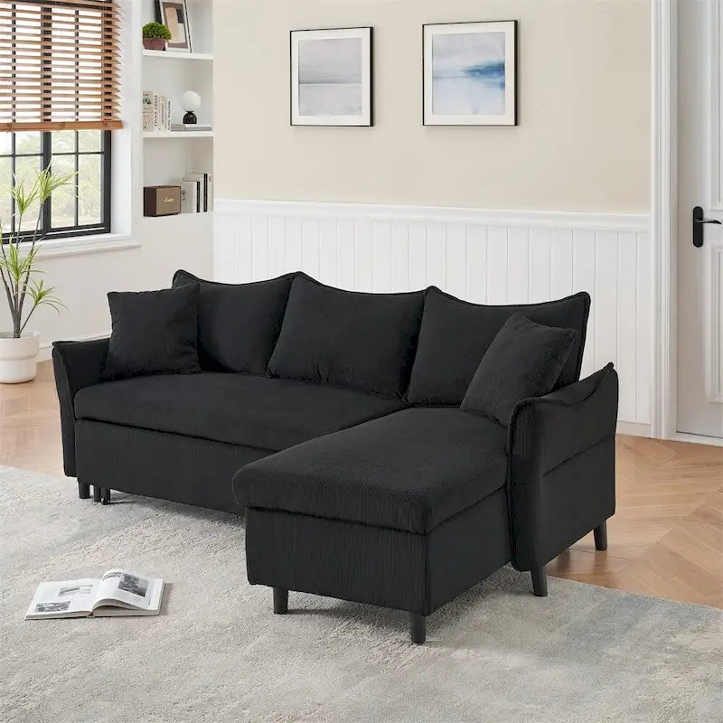 80 Corduroy L-Shaped Sofa Comes With Two Small Throw Pillows