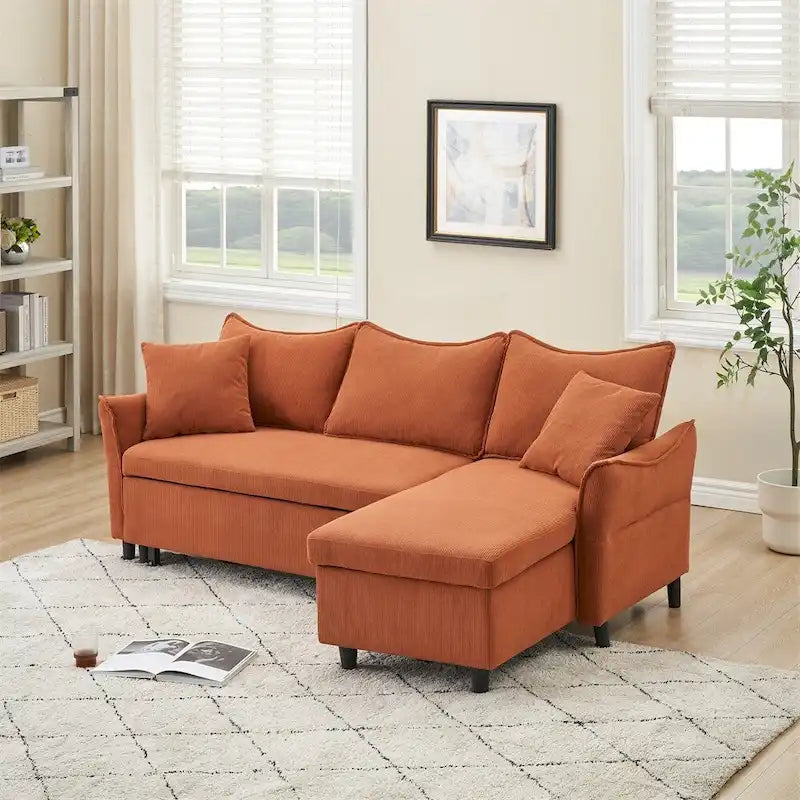 80 Corduroy L-Shaped Sofa Comes With Two Small Throw Pillows