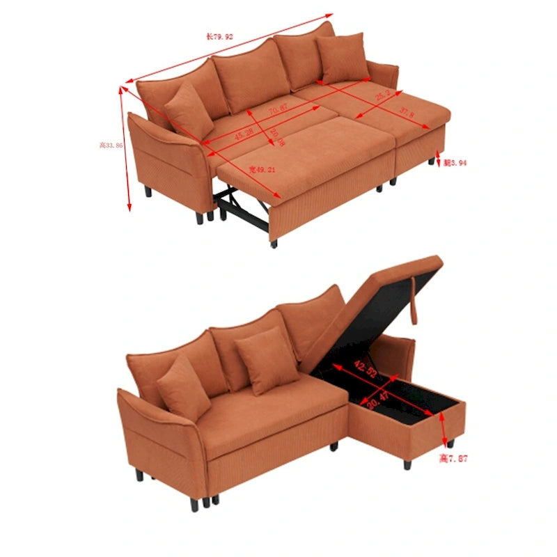 80 Corduroy L-Shaped Sofa Comes With Two Small Throw Pillows