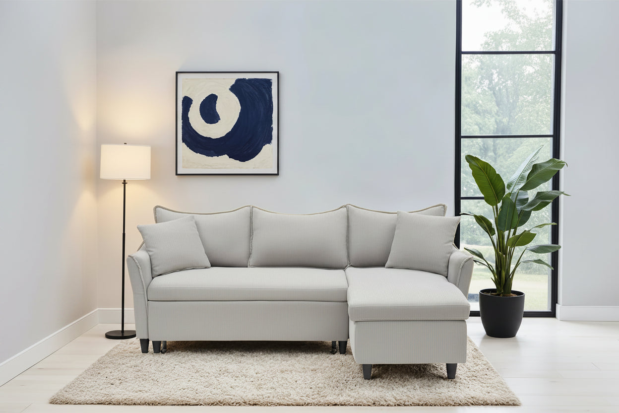 80 Corduroy L-Shaped Sofa Comes With Two Small Throw Pillows