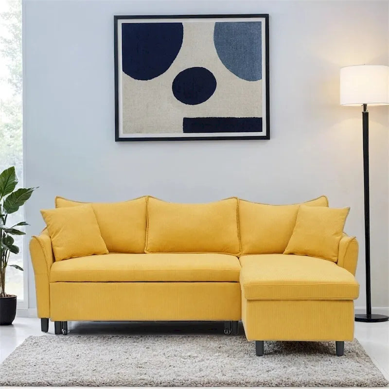 80 Corduroy L-Shaped Sofa Comes With Two Small Throw Pillows