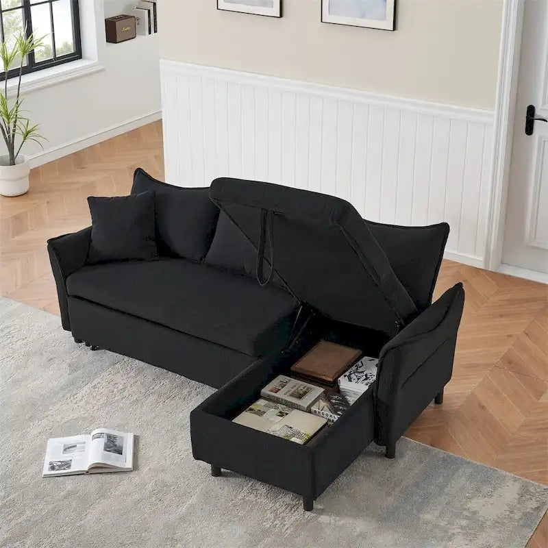 80 Corduroy L-Shaped Sofa Comes With Two Small Throw Pillows