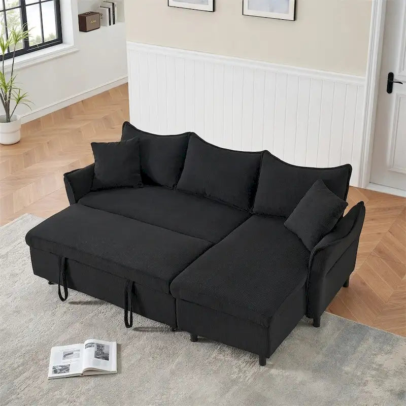80 Corduroy L-Shaped Sofa Comes With Two Small Throw Pillows