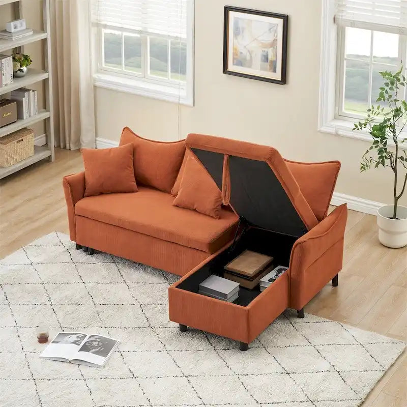 80 Corduroy L-Shaped Sofa Comes With Two Small Throw Pillows