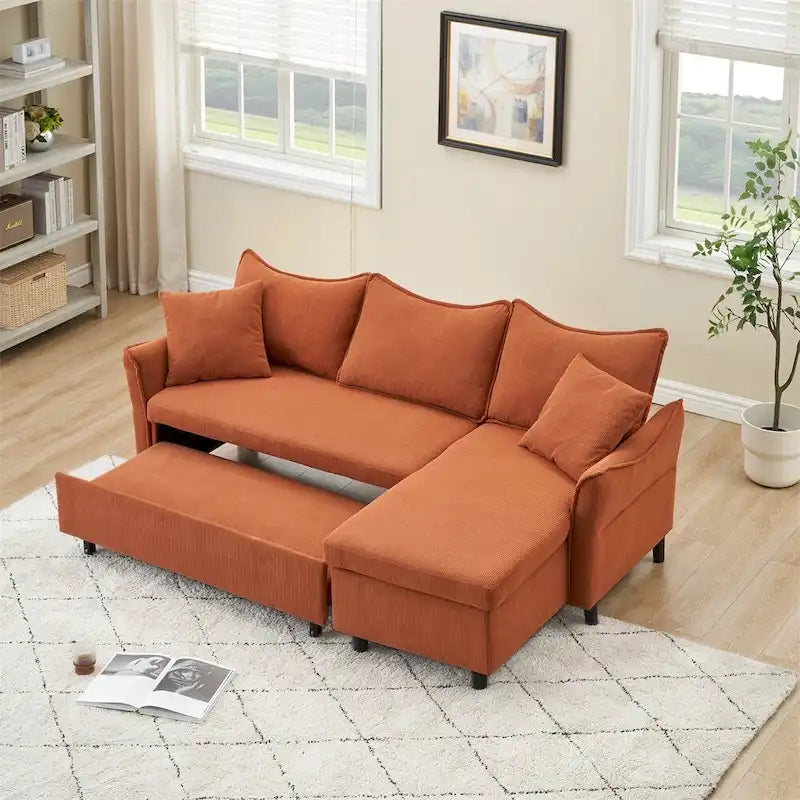 80 Corduroy L-Shaped Sofa Comes With Two Small Throw Pillows