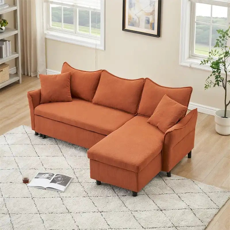 80 Corduroy L-Shaped Sofa Comes With Two Small Throw Pillows