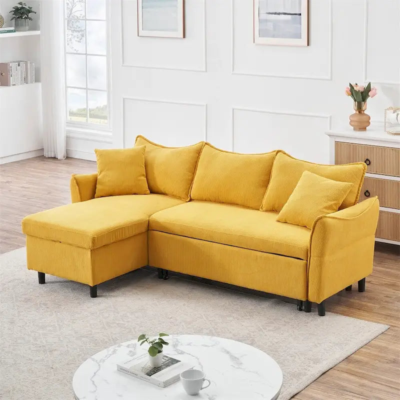 80 Corduroy L-Shaped Sofa Comes With Two Small Throw Pillows