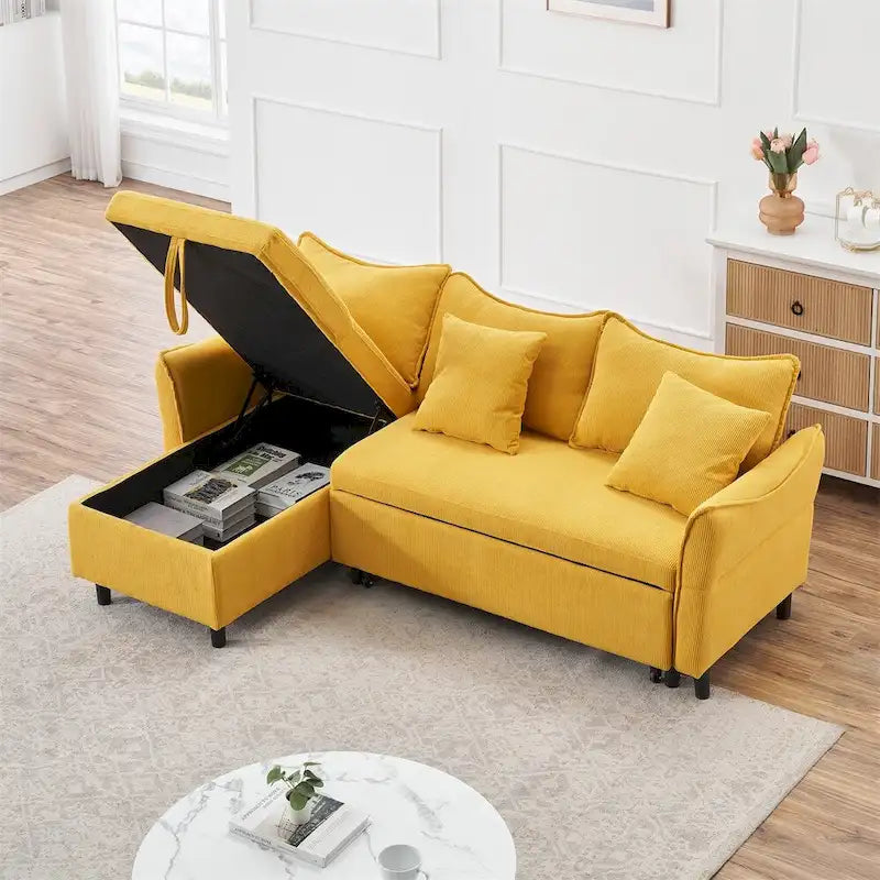 80 Corduroy L-Shaped Sofa Comes With Two Small Throw Pillows