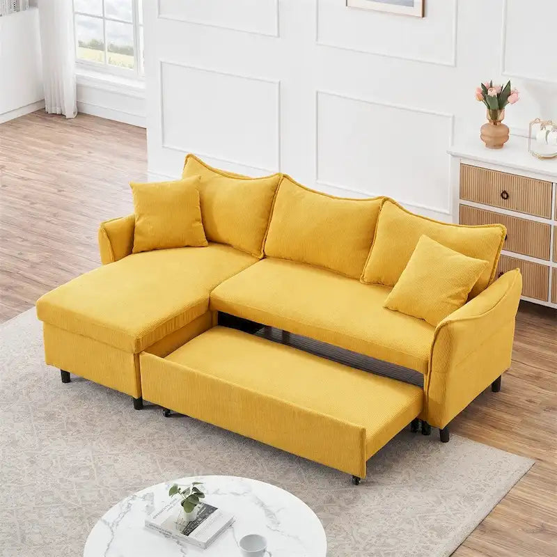 80 Corduroy L-Shaped Sofa Comes With Two Small Throw Pillows