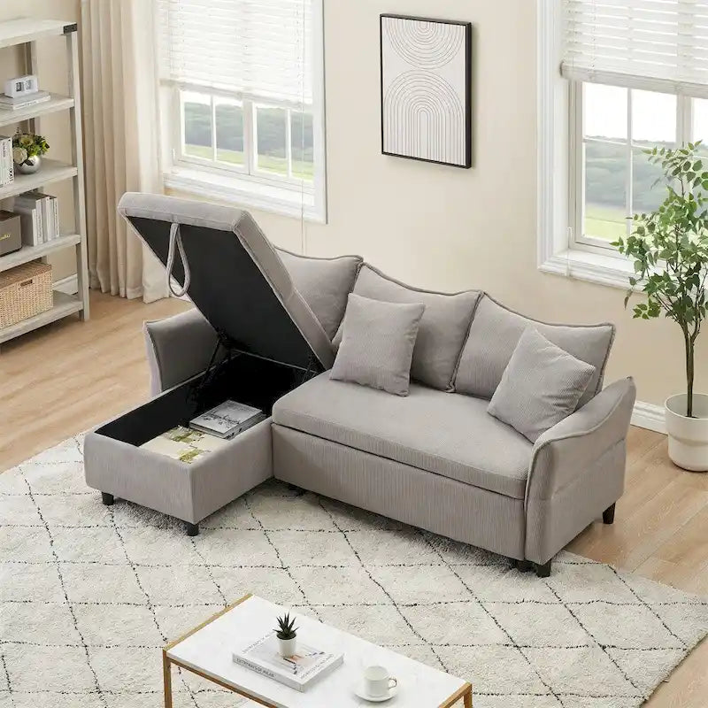 80 Corduroy L-Shaped Sofa Comes With Two Small Throw Pillows