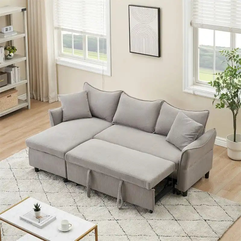 80 Corduroy L-Shaped Sofa Comes With Two Small Throw Pillows